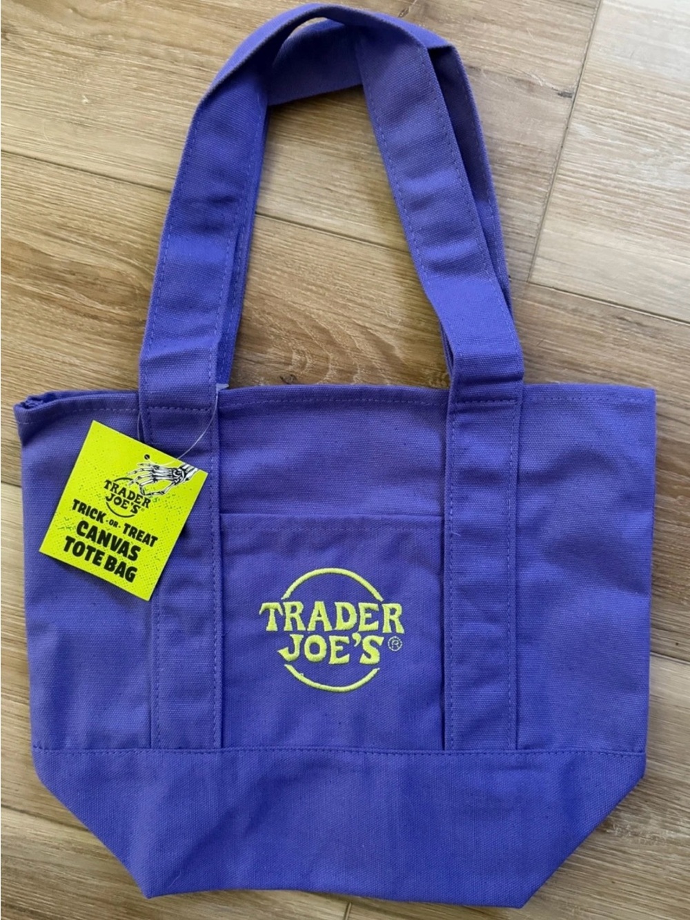 Trader Joe's Purple Canvas Small Tote Bag with Yellow Logo Halloween